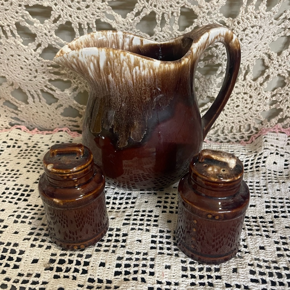 McCoy- Brown Drip Glazed Ceramic Pitcher with Salt & Pepper Shakers